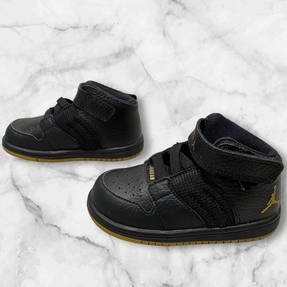 Nike Jordan Flight 4 Premium Black Gold Leather Unisex Sneakers Kids Size 7C